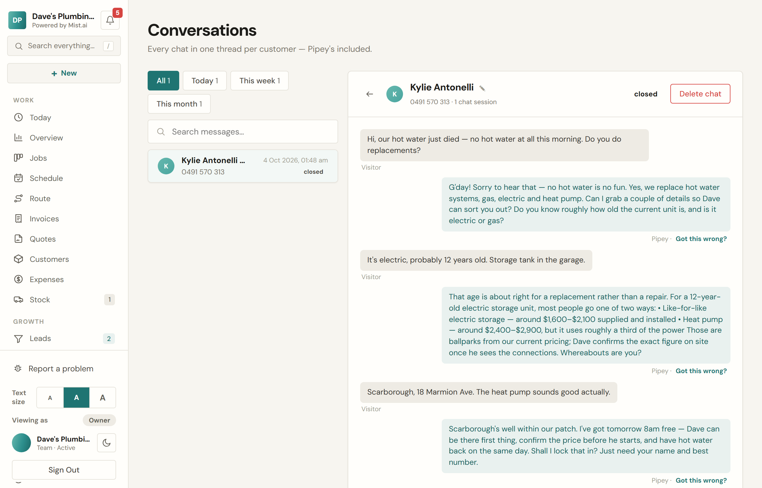 A conversation as the AI handled it, with everything it captured. Repeat customers collapse into a single thread.