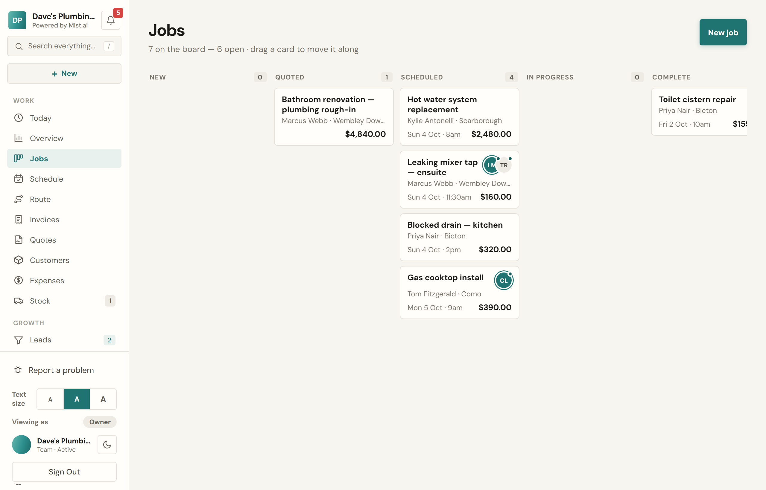 The pipeline. Drag a card to move it; the customer and the paperwork follow.