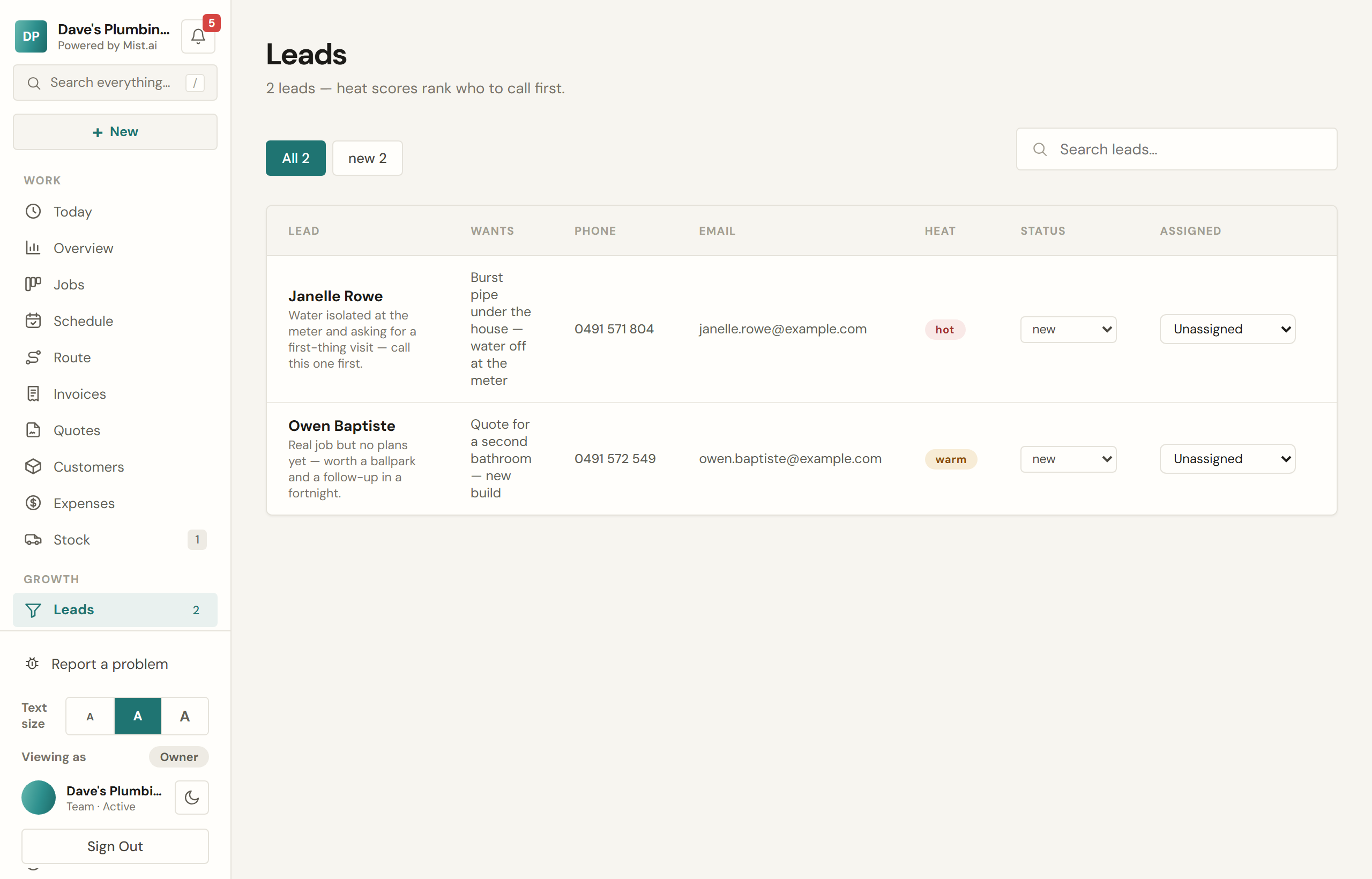Leads, newest first, each with what they asked for and how urgent it reads.