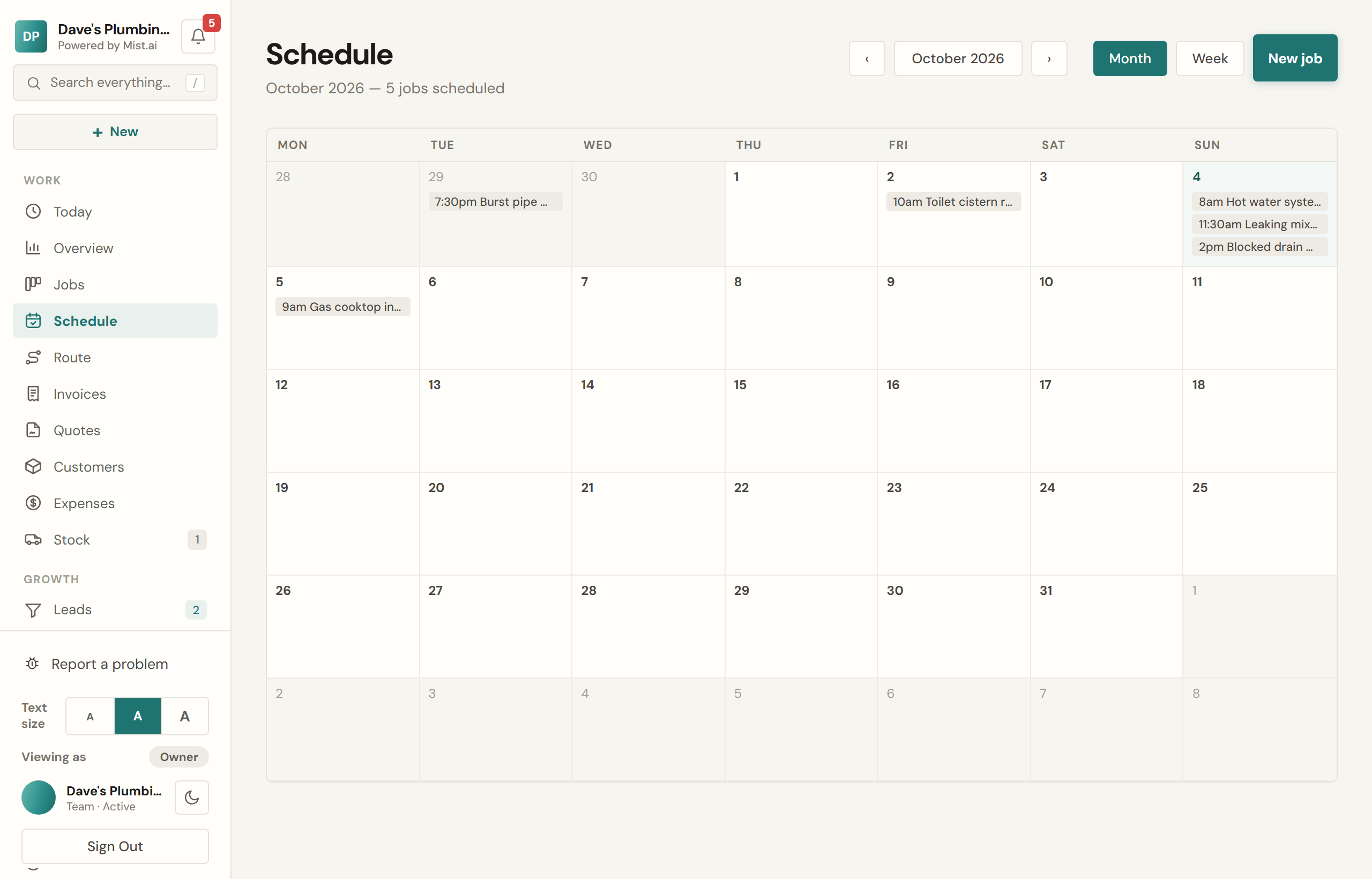 The week. Dragging a job to another day reschedules it.