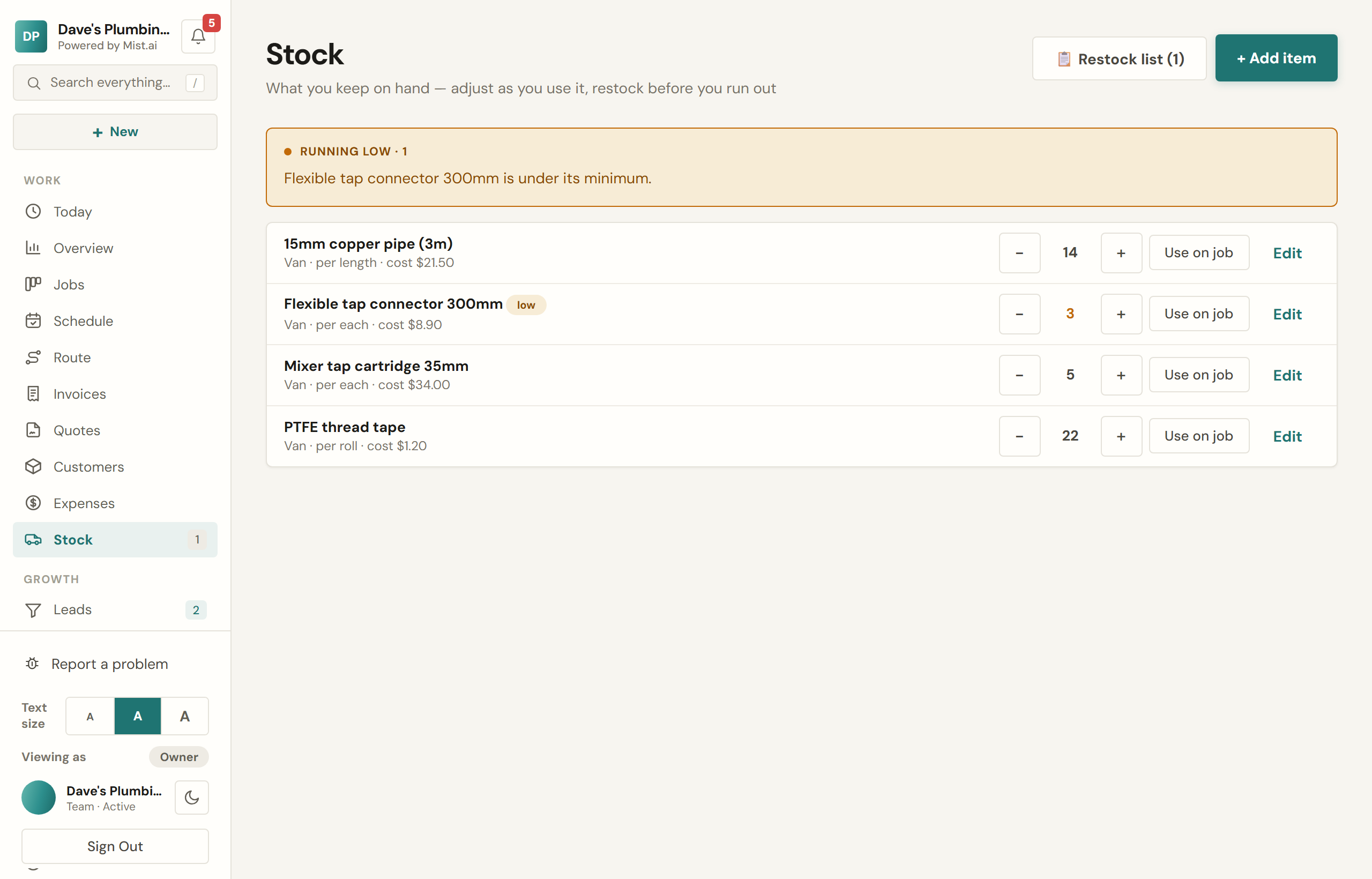 The stock list, with an item under its minimum flagged as running low.