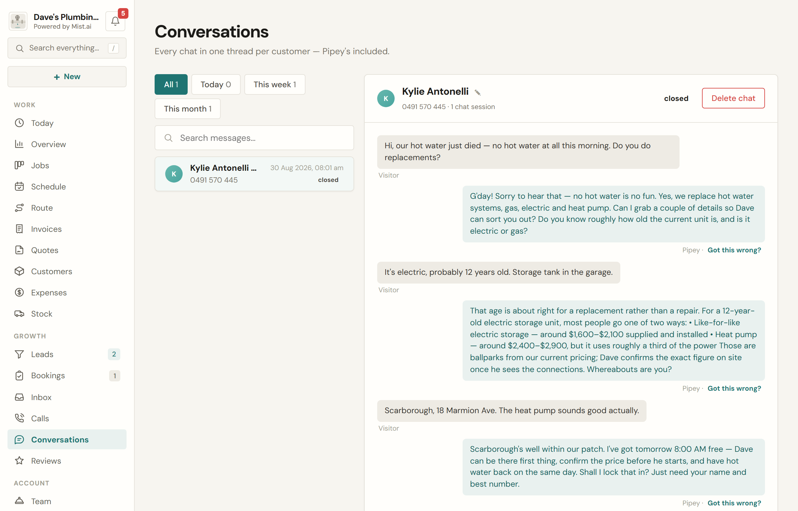 A conversation as the AI handled it, with everything it captured. Repeat customers collapse into a single thread.