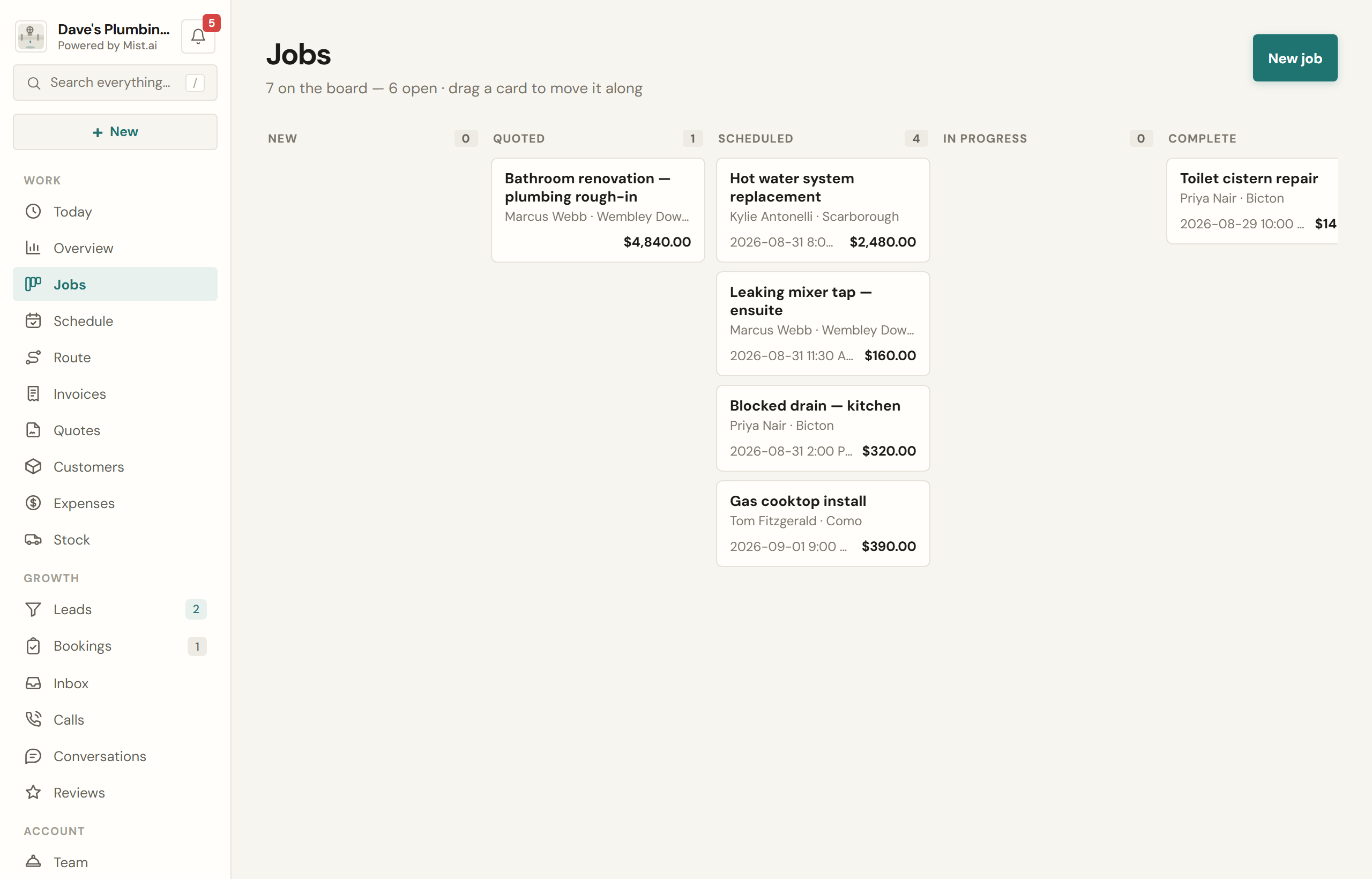 The pipeline. Drag a card to move it; the customer and the paperwork follow.