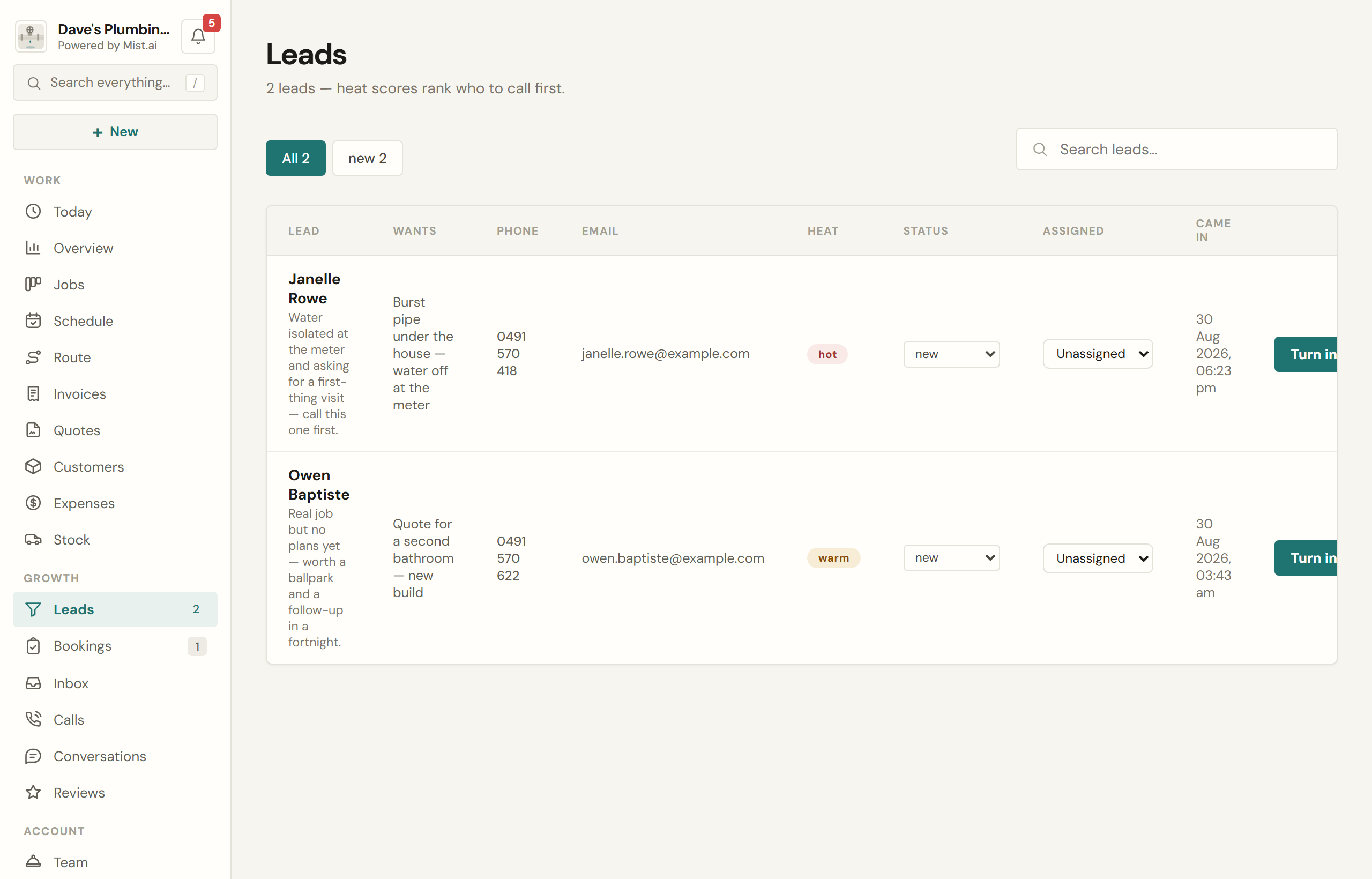 Leads, newest first, each with what they asked for and how urgent it reads.