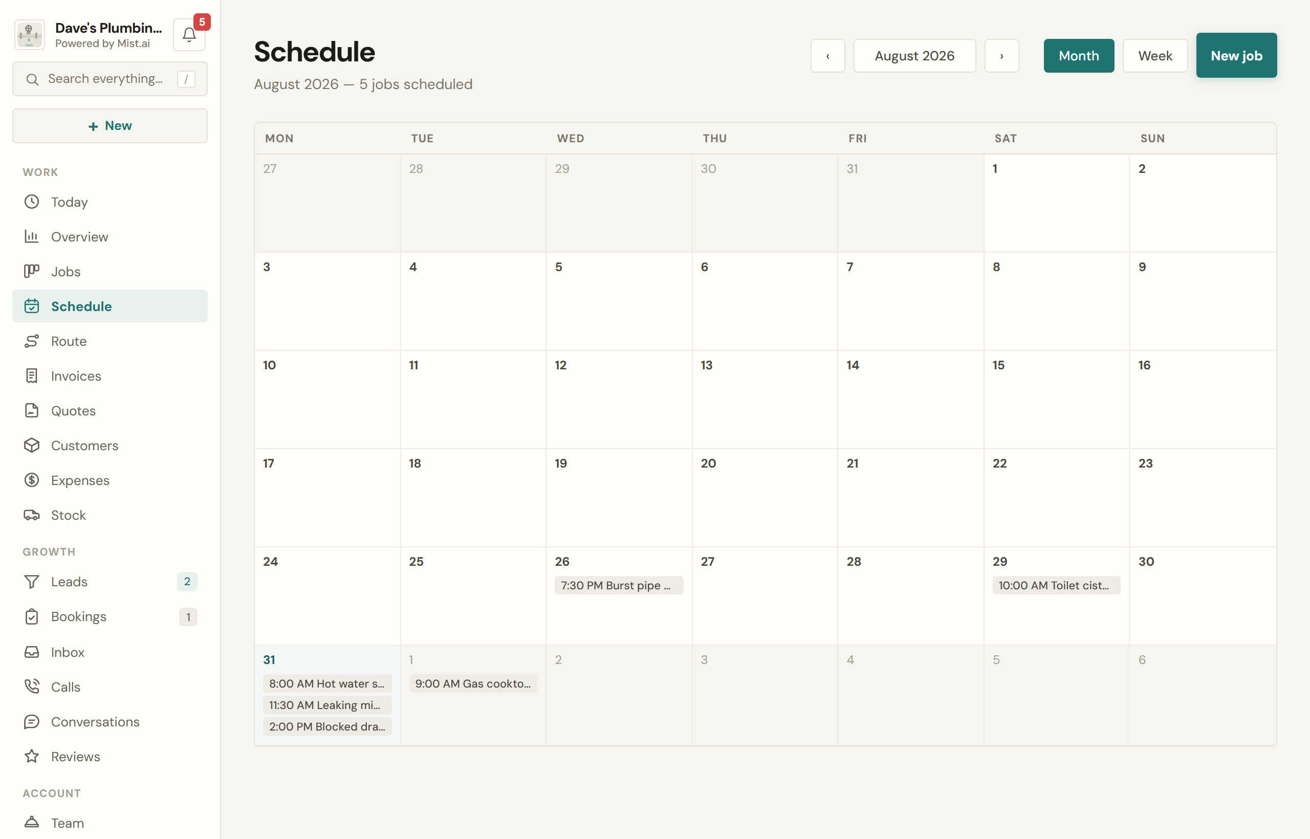 The week. Dragging a job to another day reschedules it.