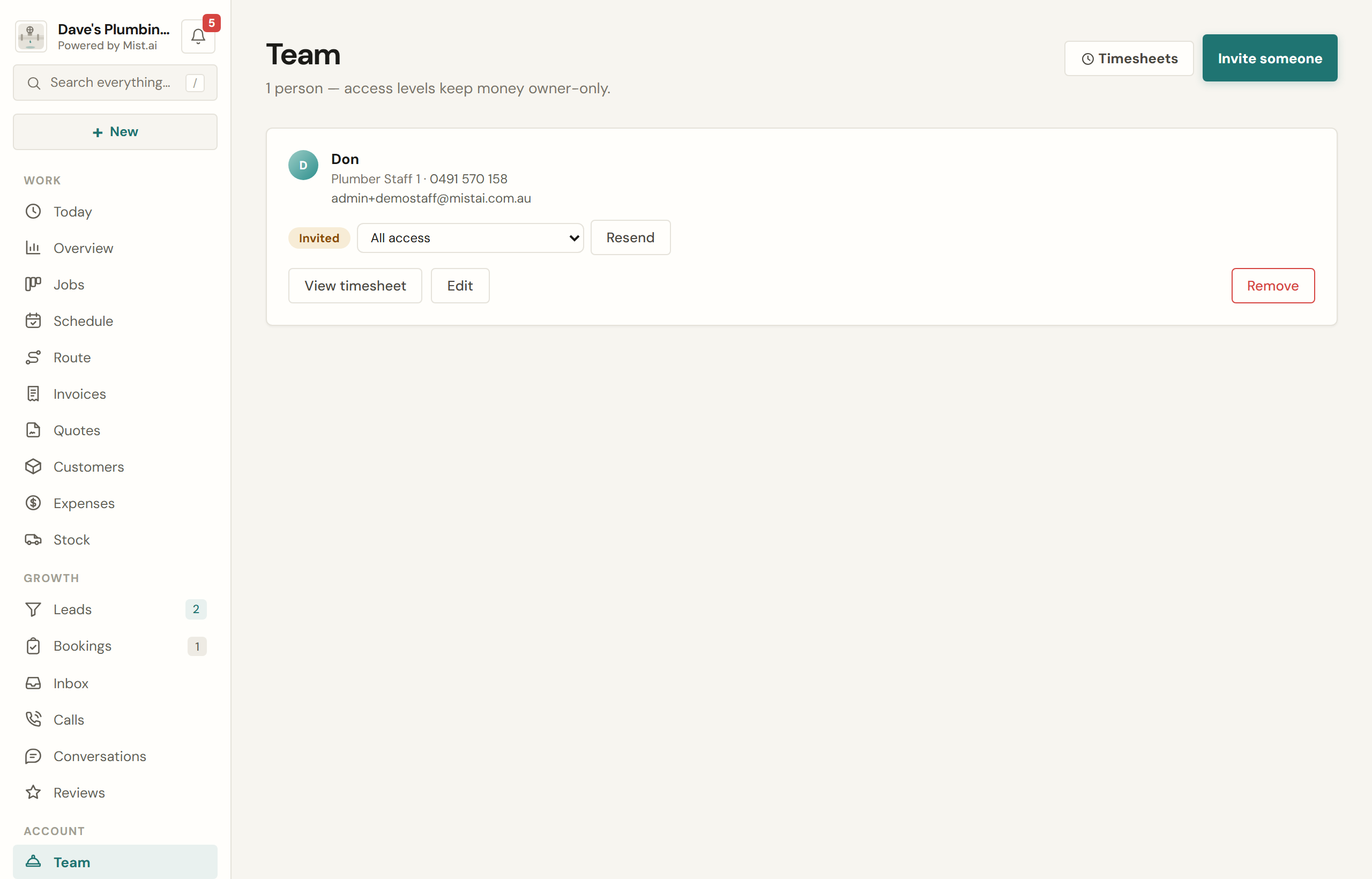The team, their access levels, and whether they can log in.