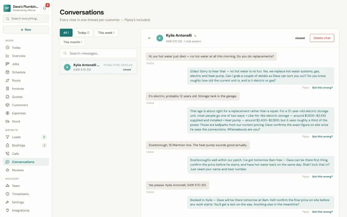 Conversations: what the AI receptionist said to each customer