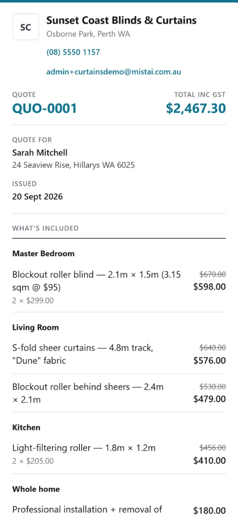 Measure and quote: a blinds and curtains quote, room by room, with payment stages — as the customer receives it