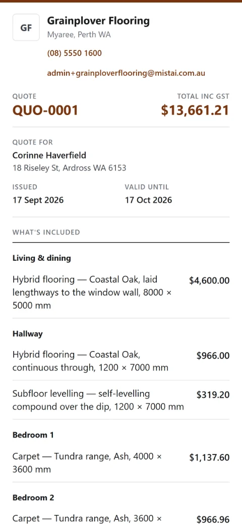 Measure and quote: a flooring quote built room by room from millimetre measurements — as the customer receives it