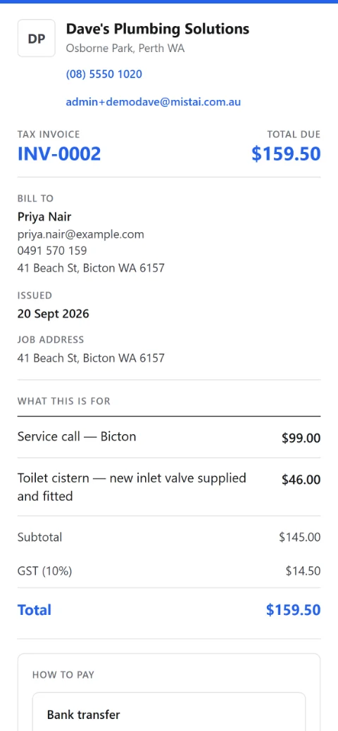 What their customer sees: the invoice, with a Pay button