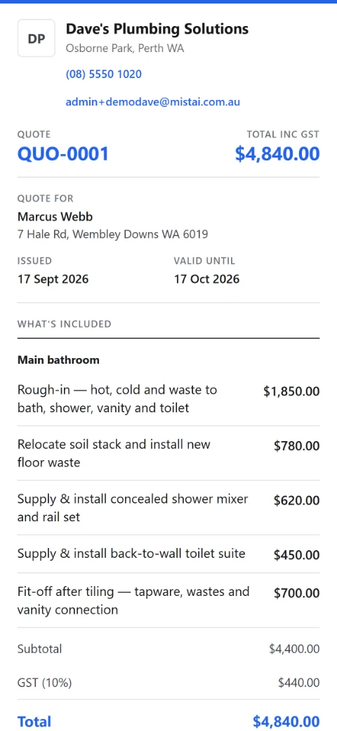 What their customer sees: the quote, accepted with one tap