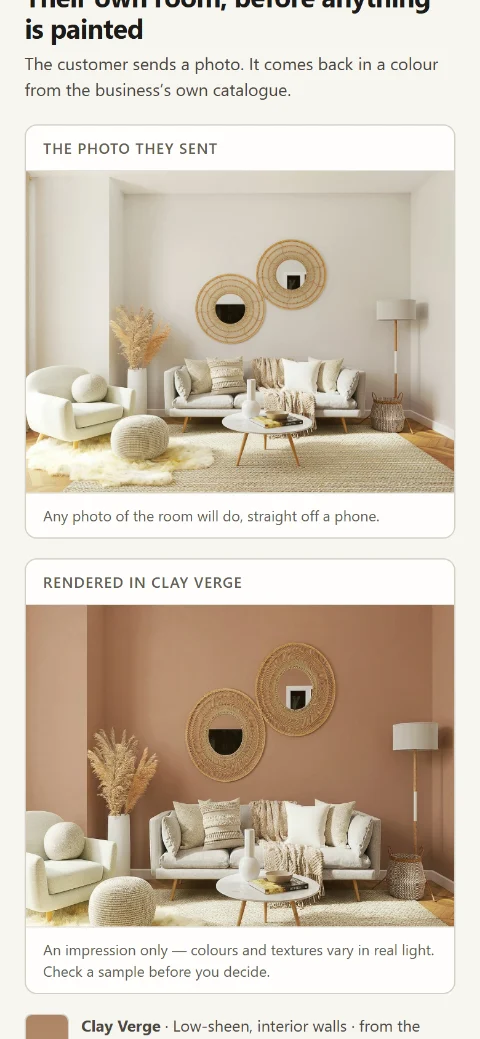 See it first: a photo of the room, and the same photo rendered in a colour from the catalogue