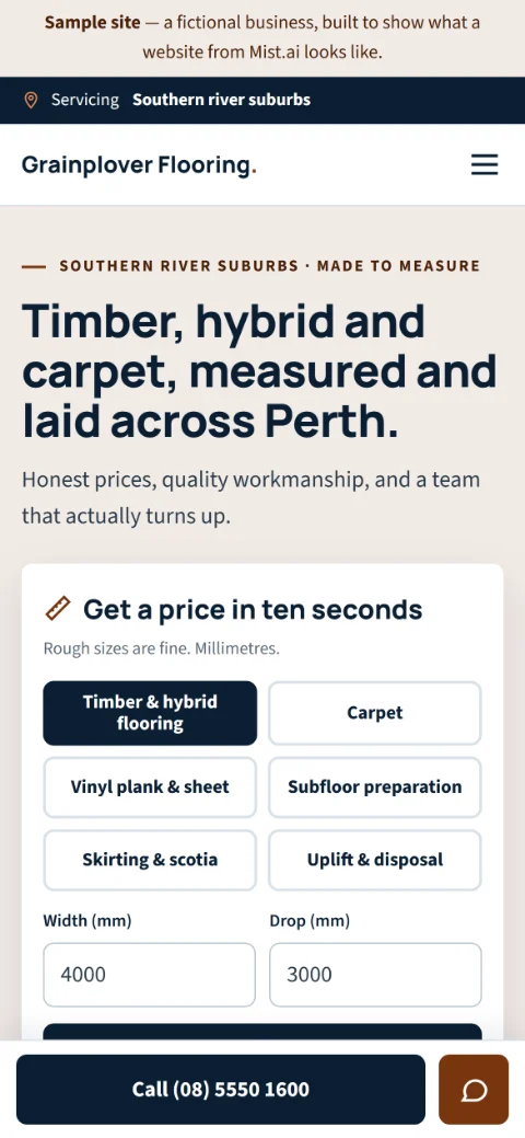 The get-a-price site, for a flooring business: the first screen