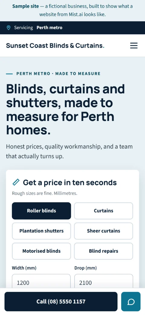 The storefront, for a blinds and curtains business: the first screen